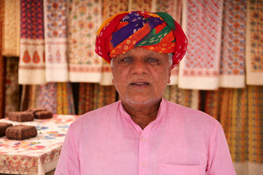 Ram Kishore Chippa, Padma Shri awardee and master artisan of Dabu hand block printing from Bagru, Rajasthan.